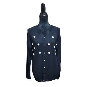 Molly Bracken Women's Black Floral Cardigan Pearl Button Long Sleeve Size L/XL